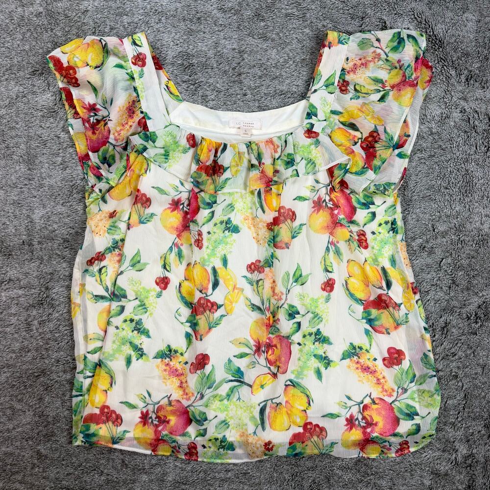 LC Lauren Conrad Floral Fruit Ruffle Blouse Women's Small